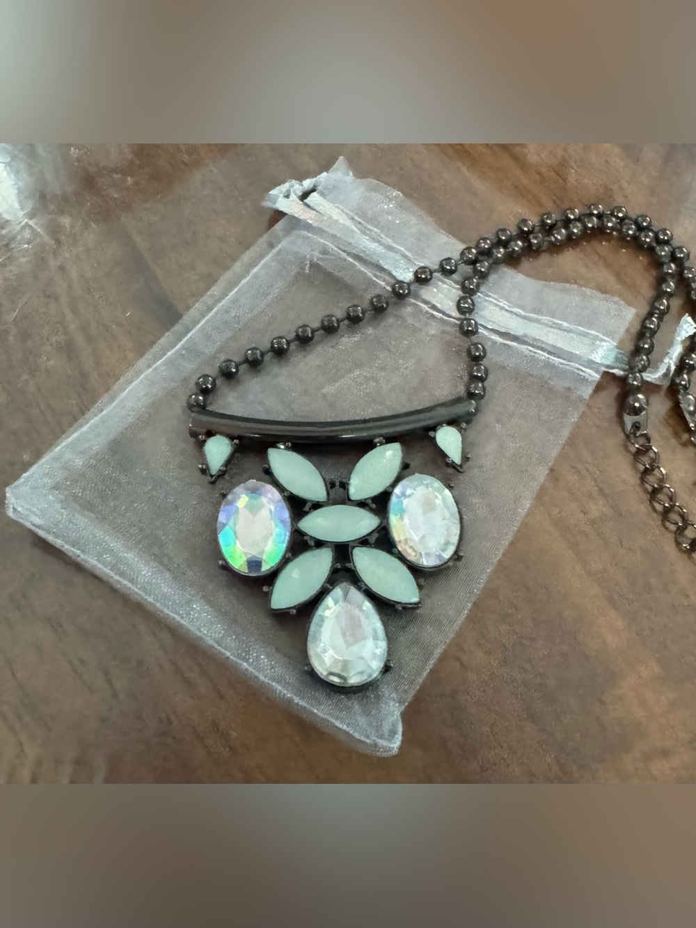 Gun Metal Chain with Pale Green Stones and Jewels Necklace
